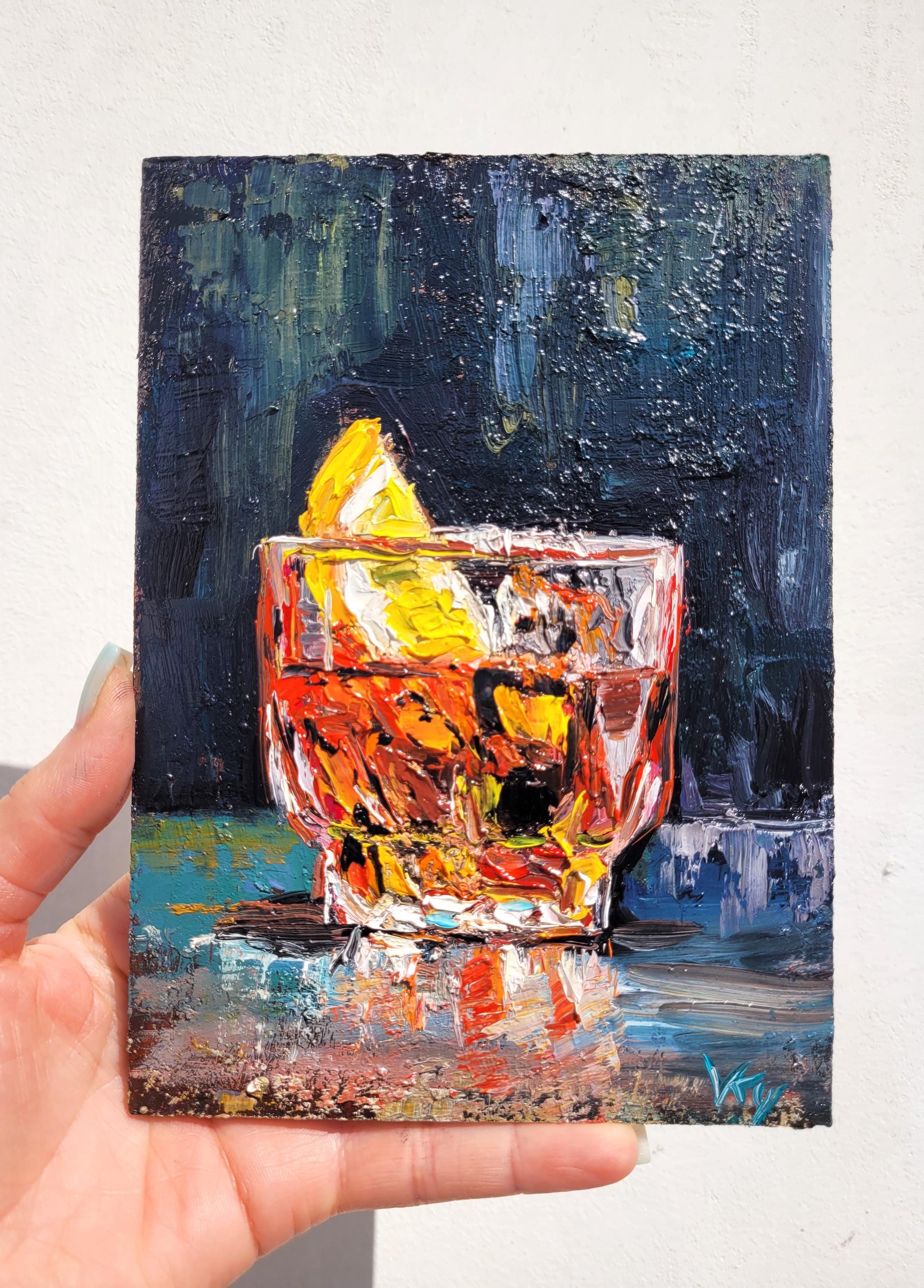 昔ながらの油絵 オリジナルアート インパスト ウイスキーカクテル