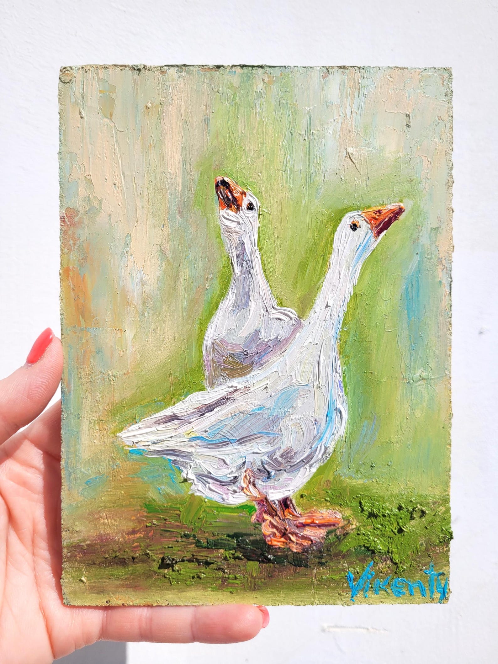 goose-painting-friend-painting-original-impasto-oil-painting-5x7-farm