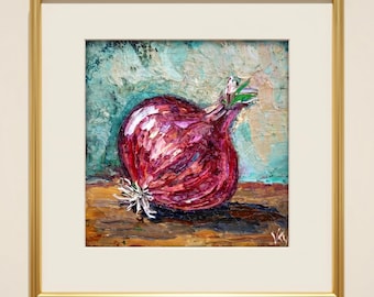 Rote Zwiebel Original Ölgemälde Impasto Palettenmesser kleines Essen Stillleben Küche Kunstwerk