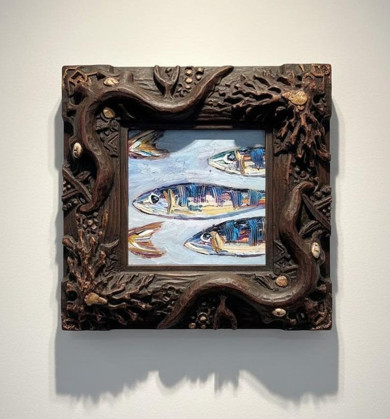 May include: An oil painting of several fish swimming in a light blue background. The fish are painted with blue, yellow, and white brushstrokes. The painting is framed in a dark brown, ornate wooden frame with carved details.