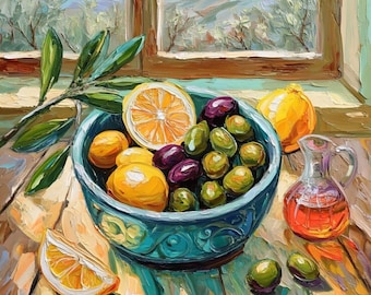 Olive Branch Lemon Bowl Oil Painting Original Impasto Art Kitchen Mediterranean Food Still Life