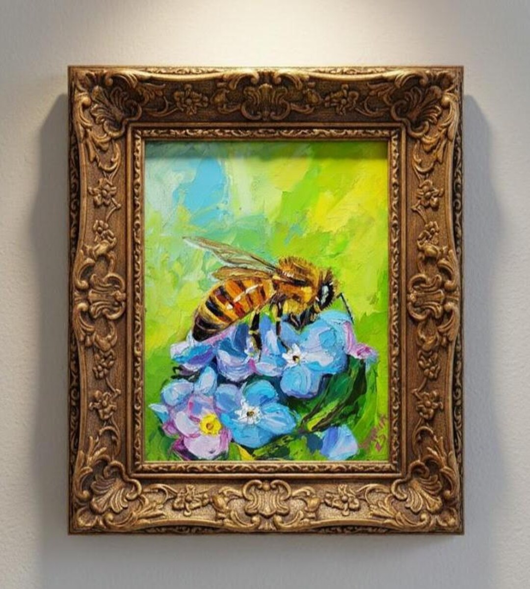 Honey Bee Forget-me-not Flower Oil Painting Original Impasto Art Spring ...