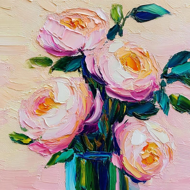 Pink Peony Oil Painting Original Art Impasto Floral Bouquet 3D Palette ...