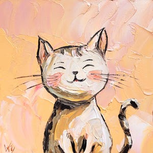 Puede incluir: Pintura al óleo de un gato sonriente con mejillas rosadas y un collar negro. El gato tiene una cara blanca con marcas negras y marrones. El fondo es una mezcla texturizada de melocotón y rosa.