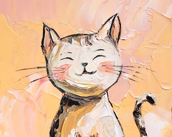 Funny White Cat Oil Painting: Dreaming Whimsical Cat Art 6x6 Impasto Animal Original Artwork