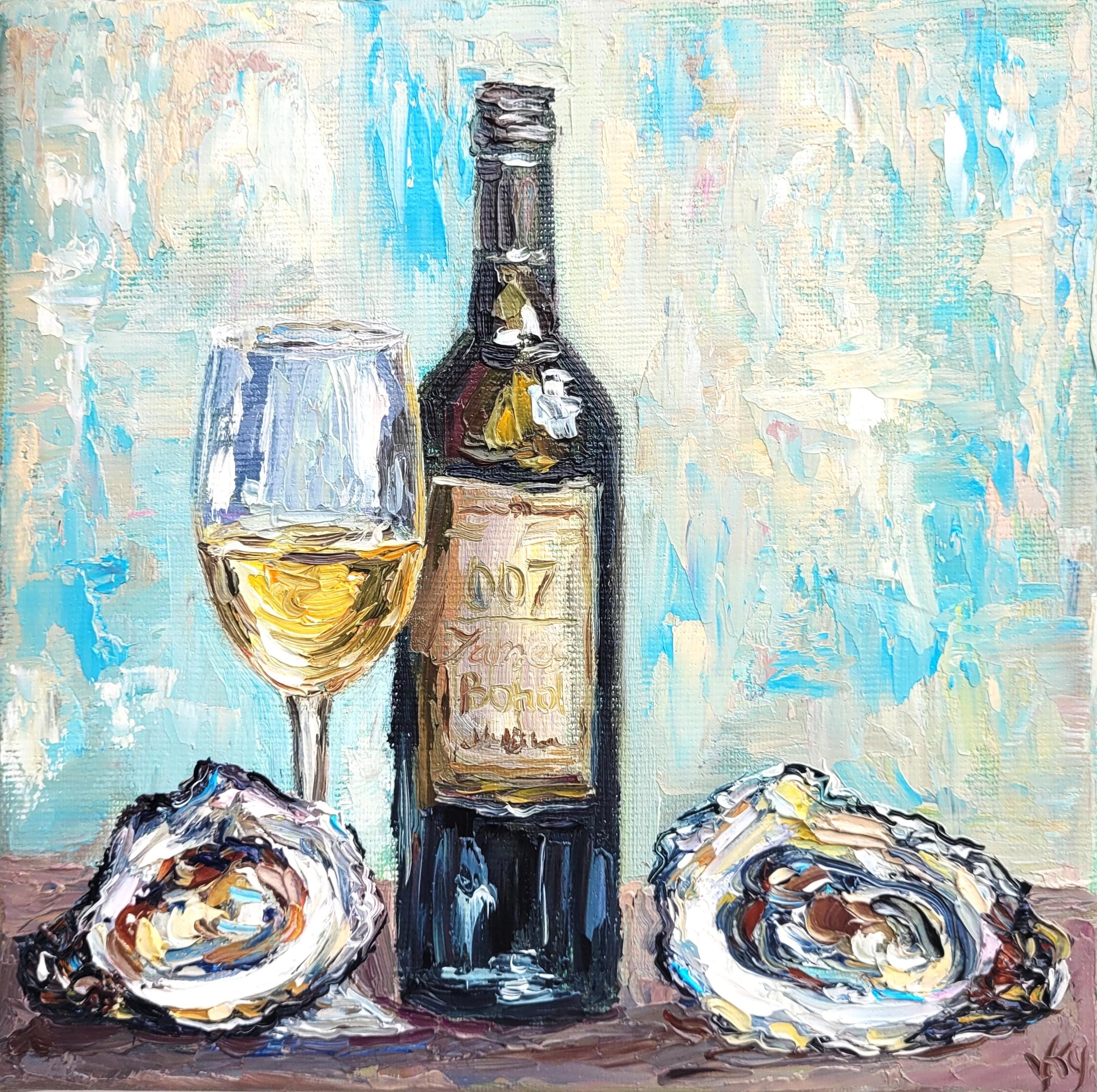 Oyster & Wine Still Life: Original Impasto Oil Painting on Canvas
