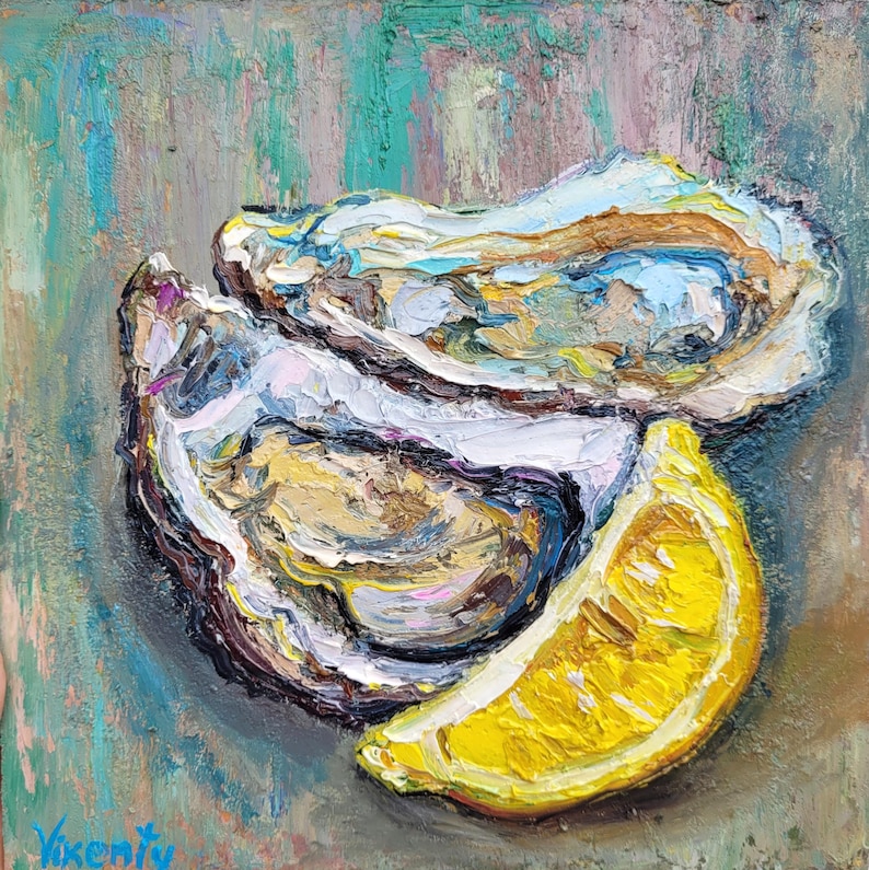 A still life painting of two oysters and a lemon wedge on a textured blue and green background. The oysters are painted in a realistic style with a focus on their texture and detail. The lemon wedge is painted in a bright yellow color.