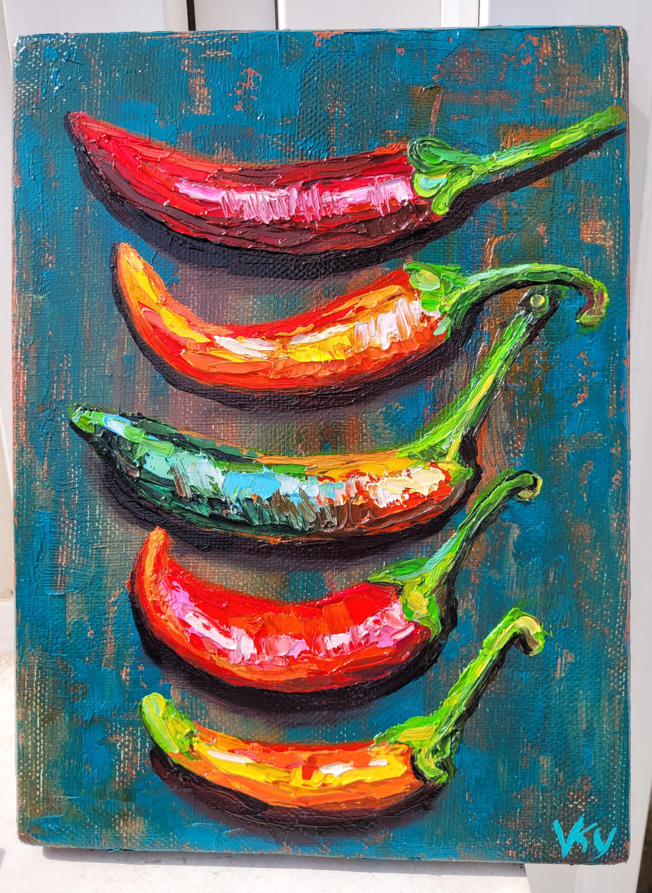 Chili Pepper Oil Painting: Kitchen Wall Art, Original Vegetable