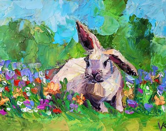 Rabbit Oil Painting Original Art Bunny Nursery Decor Animal Artwork Impasto Fine Art