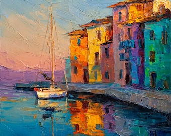 Rovigno, Croazia, dipinto ad olio, impasto, opera originale, porto adriatico, costa croata, barca a vela, arte murale