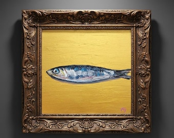 Sardine Oil Painting Impasto Fish Original Art Coastal Decor Kitchen Seafood Sea Life Artwork