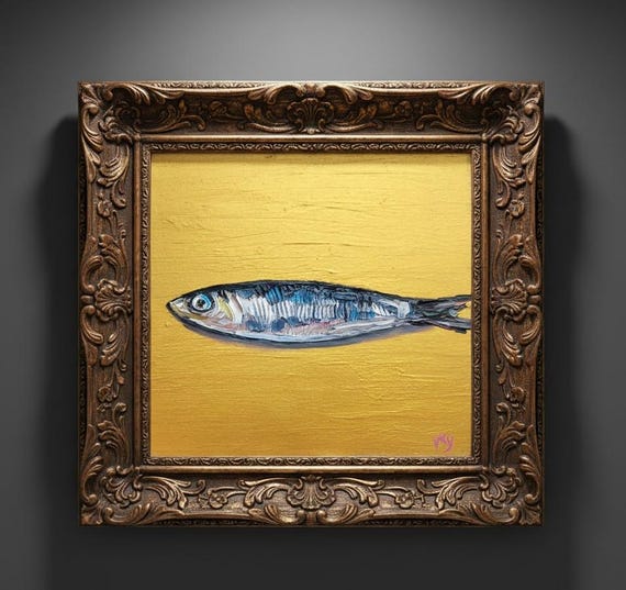 Sardine Oil Painting Impasto Fish Original Art Coastal Decor Kitchen Seafood Sea Life Artwork