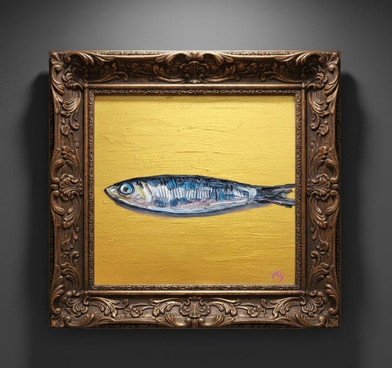 Sardine Oil Painting Impasto Fish Original Art Coastal Decor Kitchen Seafood Sea Life Artwork. Frames/decor not included.