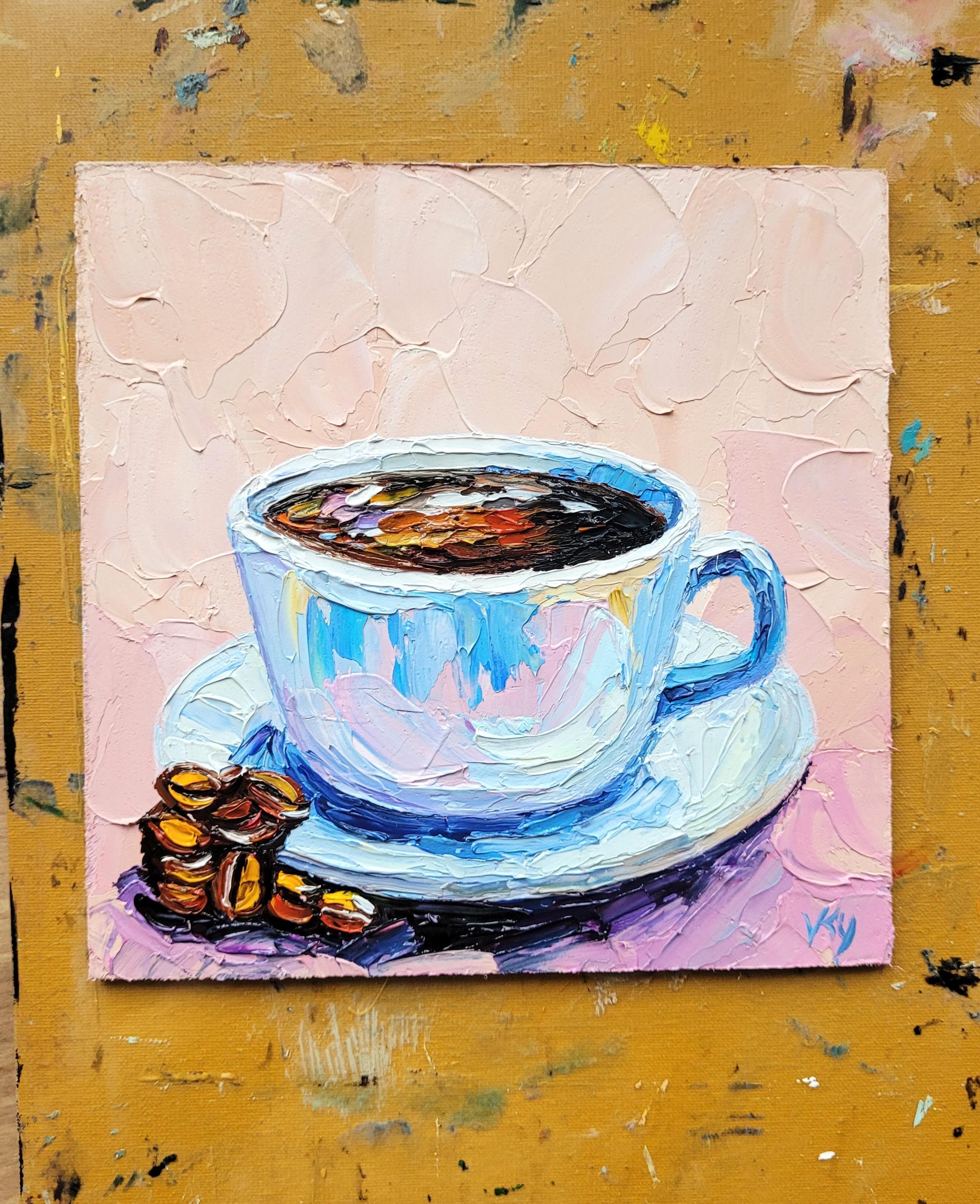 Coffee Cup Oil Painting: Original Impasto Kitchen Wall Decor Bar