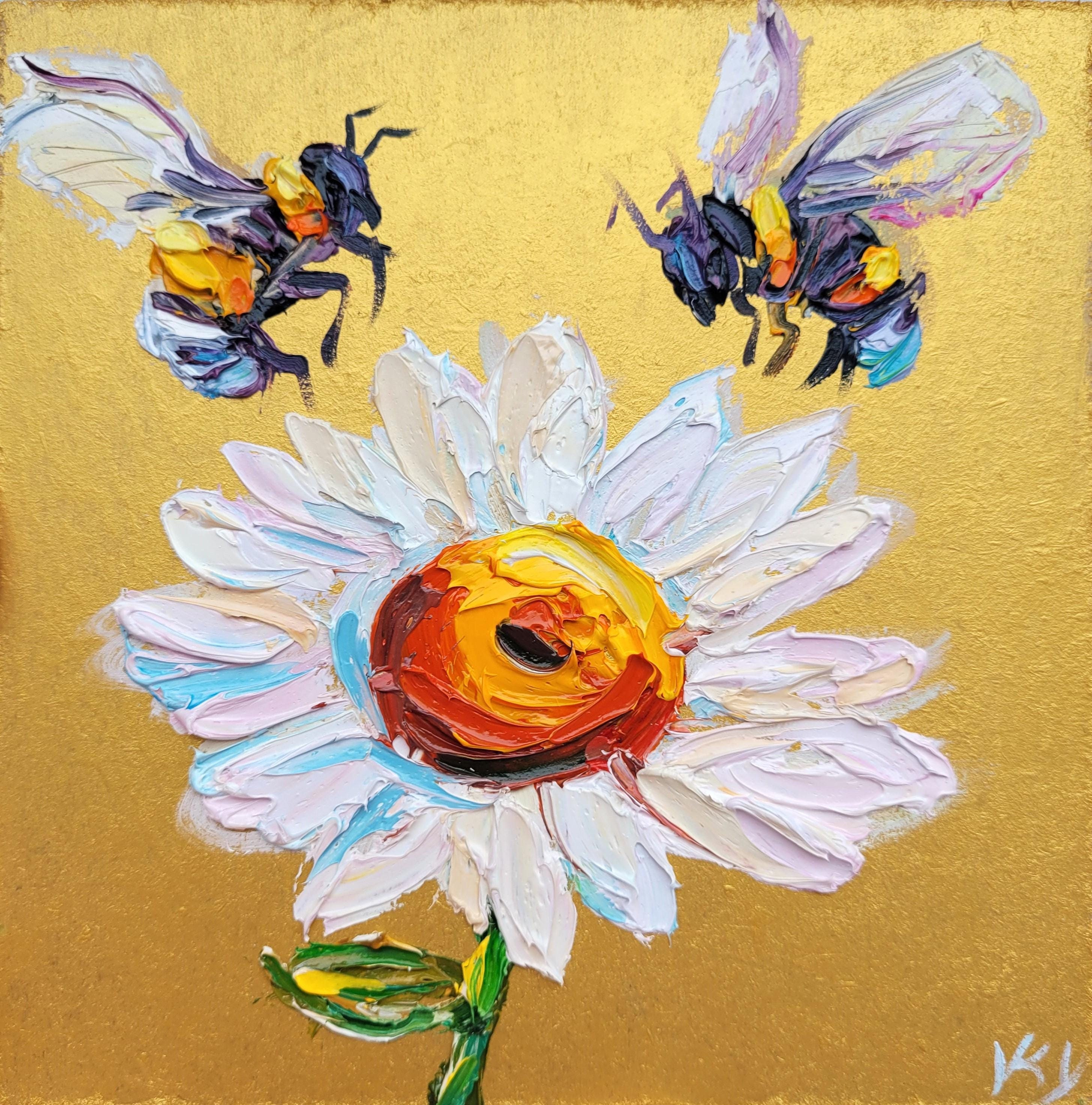 Honey Bee and Daisy Oil Painting Original Art Bumblebee Artwork Impasto ...