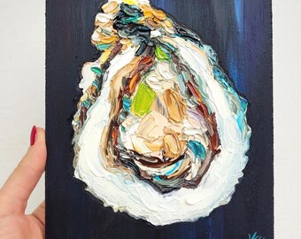 Oyster Shell Art: Still Life Impasto Oil Painting Original Seafood Coastal Kitchen Wall Art