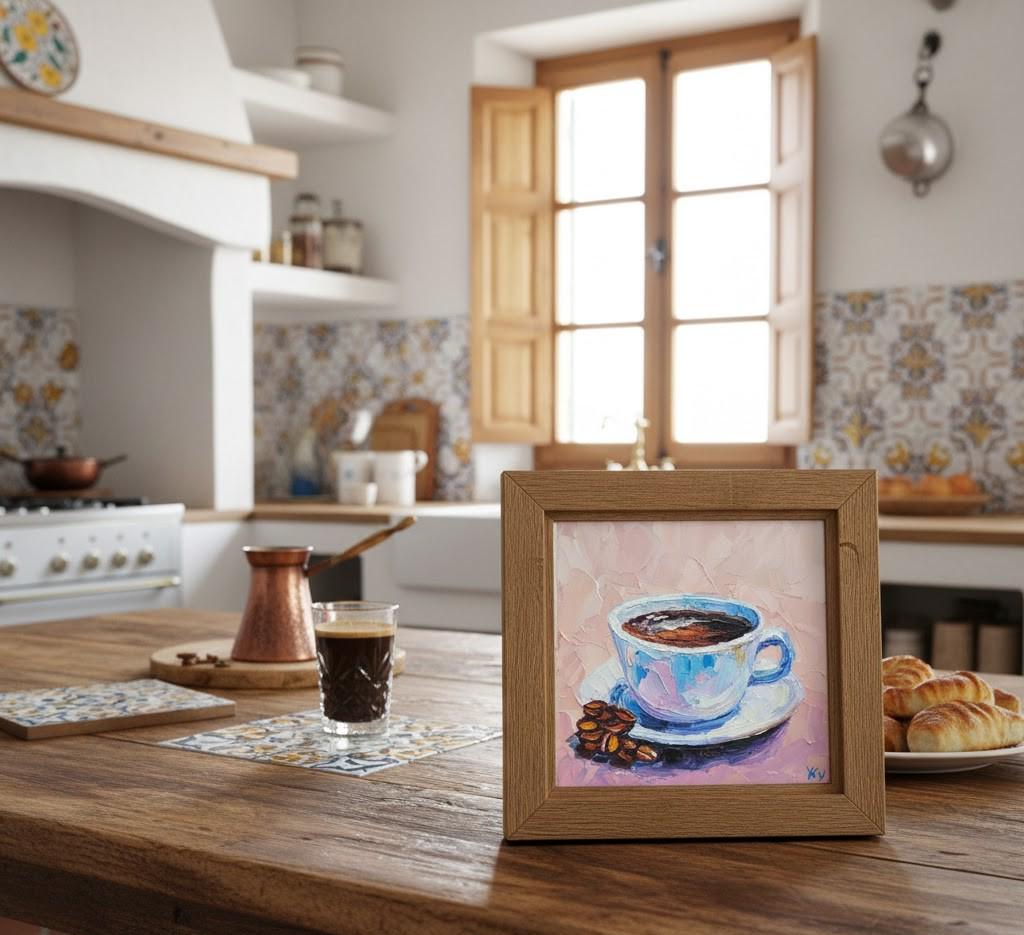 コーヒーカップの油絵オリジナルアートインパストキッチン静物画朝食