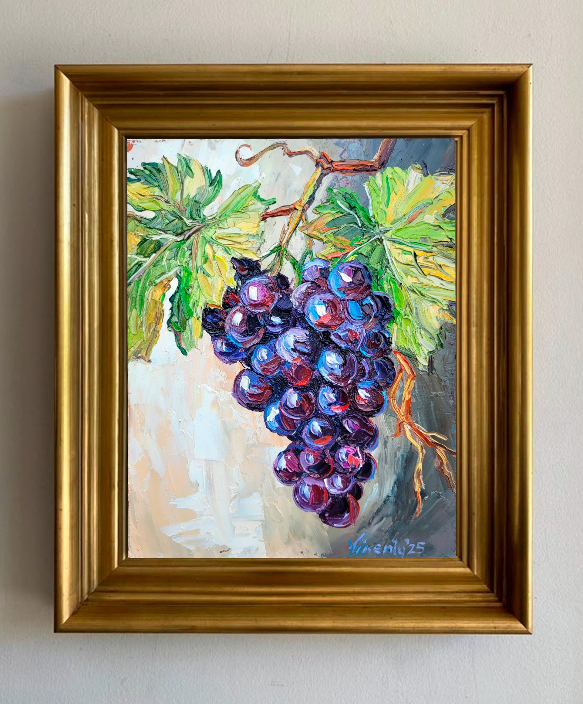 ブドウの房の油絵オリジナルアート厚塗りフルーツ静物画ぶどう畑