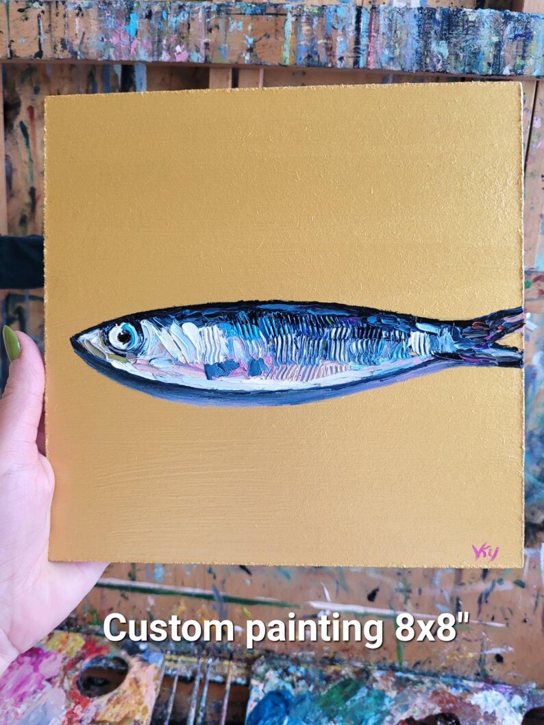 Sardine Oil Painting Impasto Fish Original Art Coastal Decor Kitchen Seafood Sea Life Artwork.