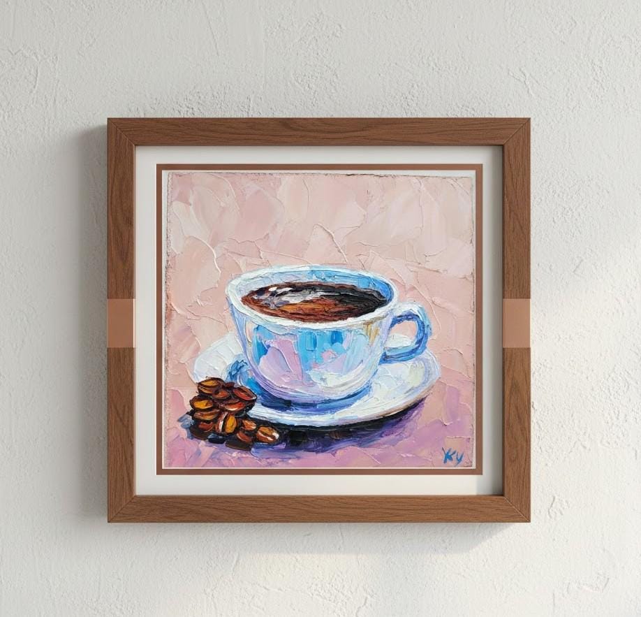 コーヒーカップの油絵オリジナルアートインパストキッチン静物画朝食
