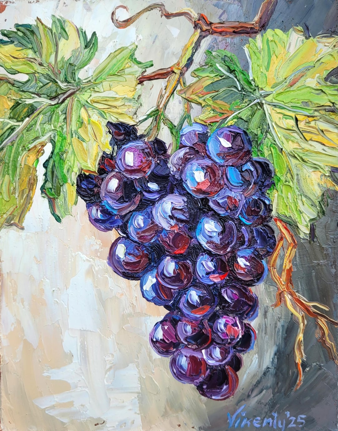 ブドウの房の油絵オリジナルアートインパストフルーツ静物画ブドウ園