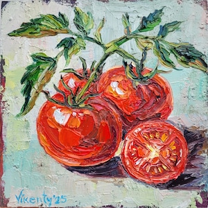 Red Tomato Painting Rustic Kitchen Art Original Impasto Oil Painting Tomatoes Still Life Artwork Food Painting Vegan Gift Vegetable Painting