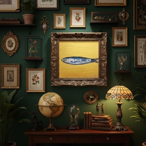 May include: An oil painting of a fish on a gold background is the focal point of this image. The painting is in a large, ornate, gold-framed picture. The image is part of a gallery wall with other framed art and decor.