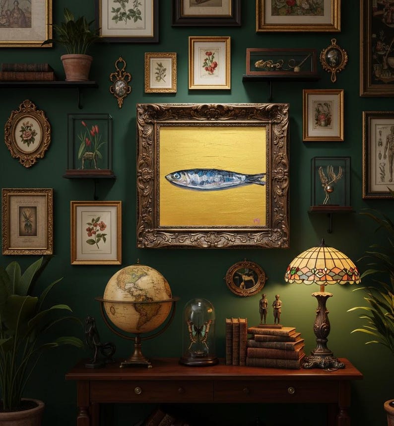 May include: An oil painting of a fish on a gold background is the focal point of this image. The painting is in a large, ornate, gold-framed picture. The image is part of a gallery wall with other framed art and decor.
