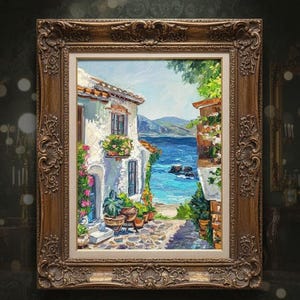 May include: An oil painting in a decorative bronze-colored frame depicting a coastal scene with a white building, potted plants, and flowers along a stone path leading to a bright blue sea with distant mountains under a clear sky.