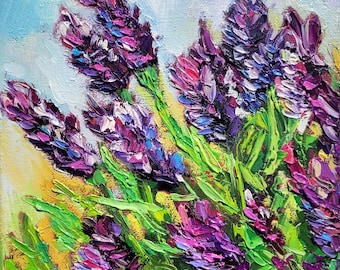 Lavender Field Impasto Oil Painting: Provence Original Art 8x8 Canvas Flower Wildflower Wall Art