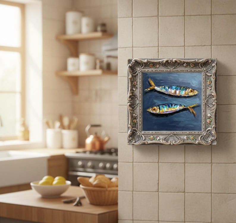Sardine Painting Fish Original Oil Art Impasto Coastal Kitchen Wall Decor Seafood Still Life image 7