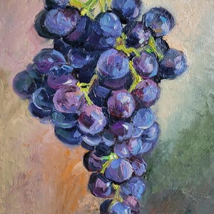 Oil painting of a bunch of dark purple grapes. The grapes are rendered with visible brushstrokes, creating a textured appearance. The background has a blend of warm and cool tones, enhancing the grapes' color.