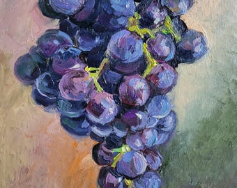 May include: An oil painting of a large cluster of dark purple and blue grapes hanging from a green stem. The grapes are rendered with visible, thick brushstrokes, showcasing highlights in shades of light blue and white against a muted background.