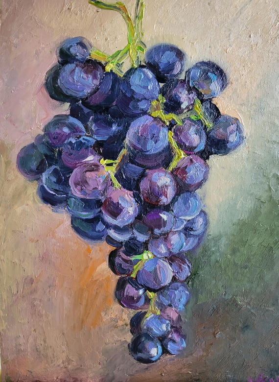 Grape Oil Painting Original Art Fruit Still Life Impasto Kitchen Artwork by VibrantArtHouse
