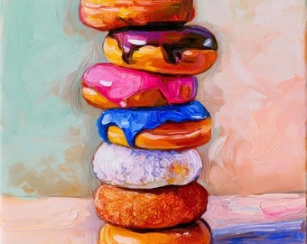 Donut Stack Oil Painting Original Impasto Artwork Colorful Food Wall Art Bakery Kitchen Decor
