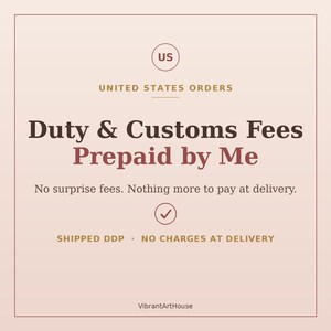 May include: A square graphic with a light pink background featuring the text US UNITED STATES ORDERS, Duty & Customs Fees Prepaid by Me, No surprise fees. Nothing more to pay at delivery., a checkmark icon, SHIPPED DDP, NO CHARGES AT DELIVERY, and VibrantArtHouse.
