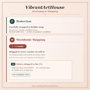 May include: An informational graphic for VibrantArtHouse detailing packaging and shipping policies. It features sections for Protection, including bubble wrap and cardboard boxes, and Worldwide Shipping, noting delivery times and US customs duty paid.