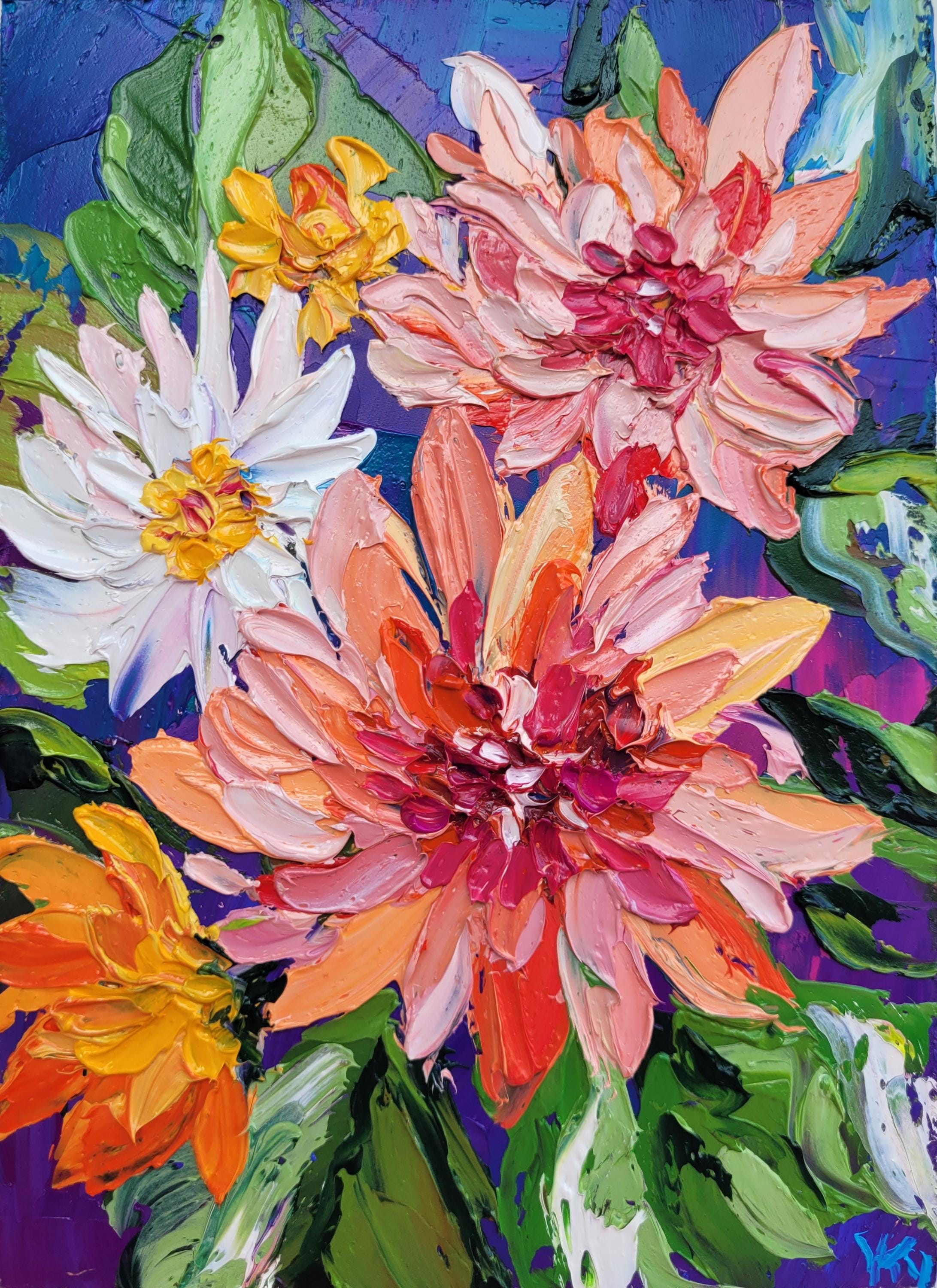 絵画　Dahlia Dahlia Impasto Oil Painting: Floral Blossom Original Art Modern
