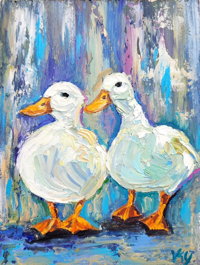 An oil painting depicts two white ducks with orange beaks and feet. The ducks are positioned against a background of blue, purple, and white brushstrokes. The artwork has a textured, impasto style, with visible brushstrokes.
