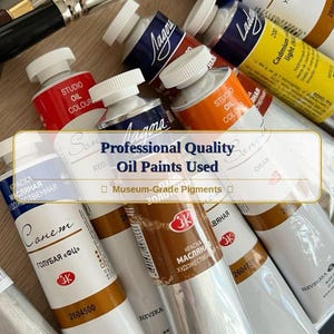 May include: An assortment of professional quality oil paint tubes in various colors, including red, orange, blue, and brown. The tubes are arranged with paintbrushes, and the text on the image reads "Professional Quality Oil Paints Used".