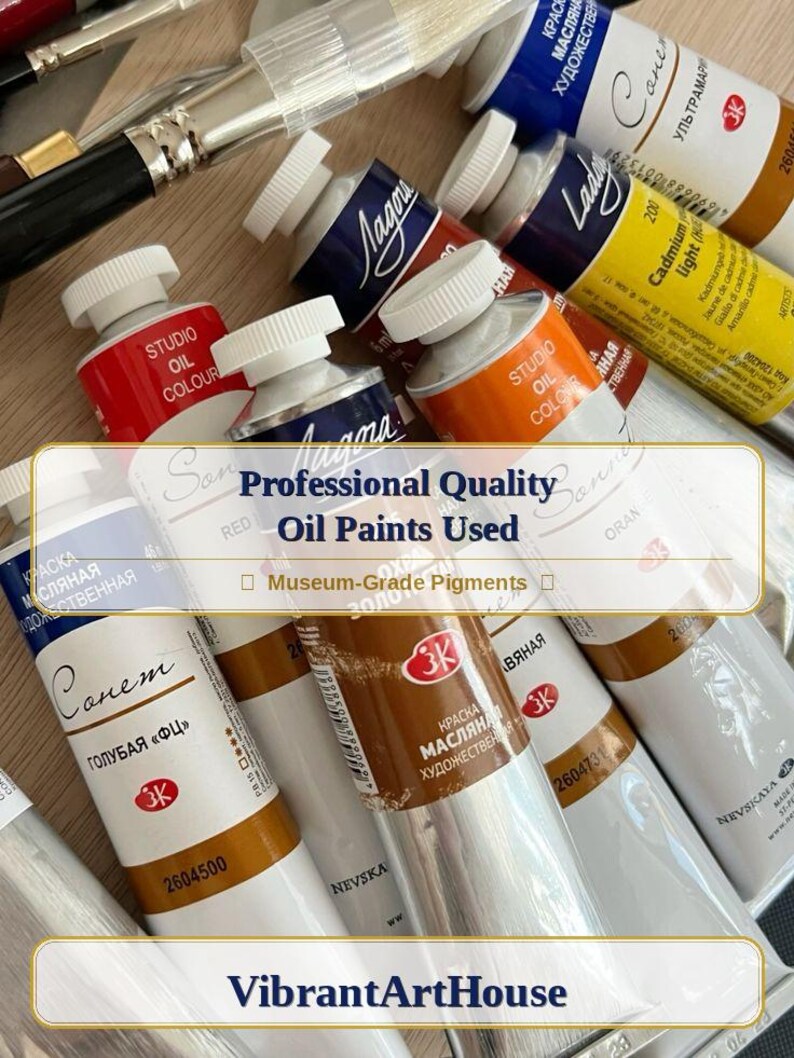 May include: An assortment of professional quality oil paint tubes in various colors, including red, orange, blue, and brown. The tubes are arranged with paintbrushes, and the text on the image reads "Professional Quality Oil Paints Used".