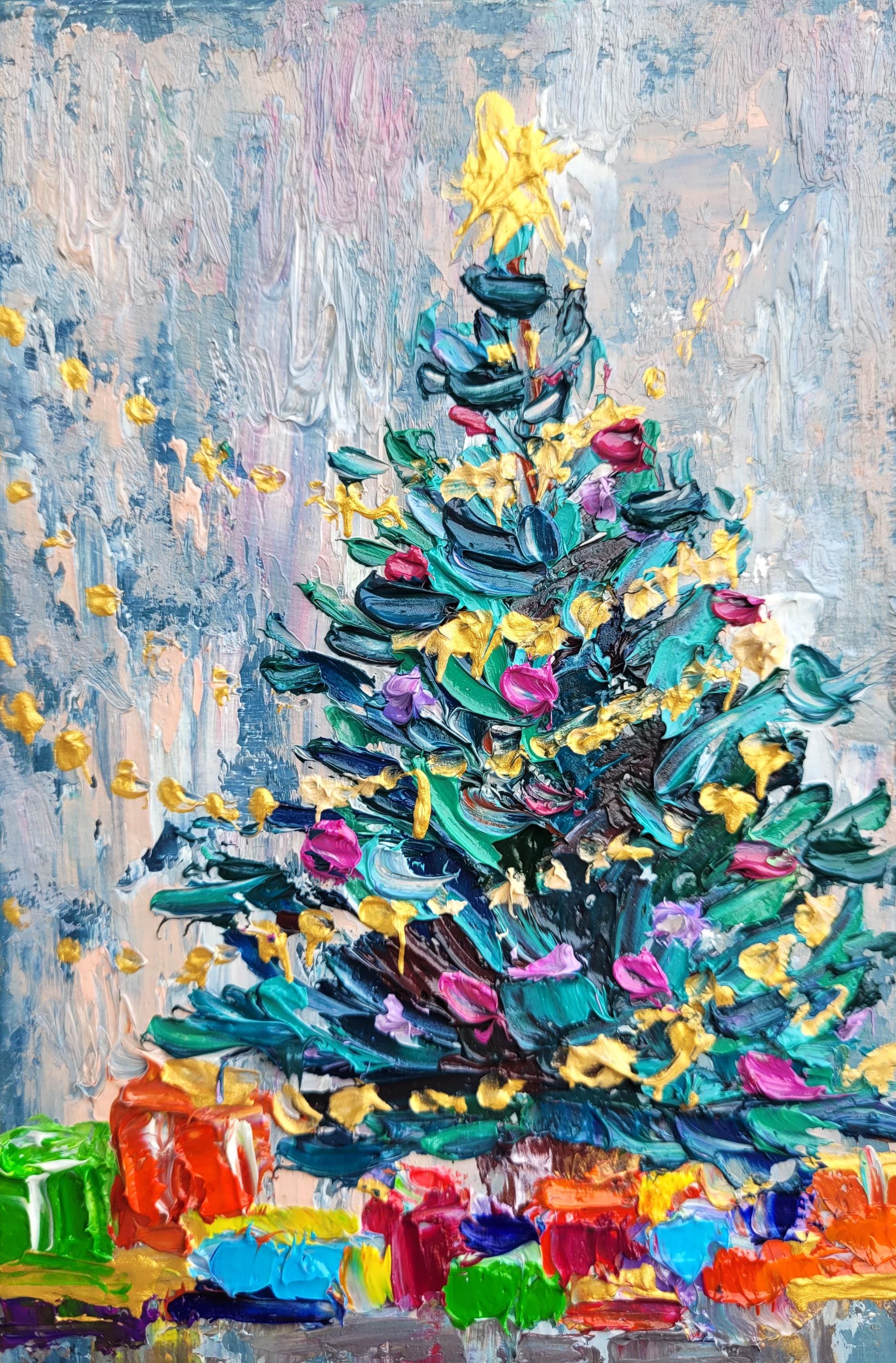 Christmas Tree Original Oil Painting: Festive Holiday Wall Art