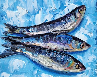 Sardine Oil Painting: Coastal Kitchen Still Life Original Art, Impasto Fish Artwork