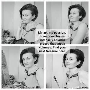 May include: A collage of four black and white photographs featuring an artist with short hair wearing a sleeveless top. The text overlay reads: My art, my passion. I create exclusive, intensely colourful pieces that speak volumes. Find your next treasure here.