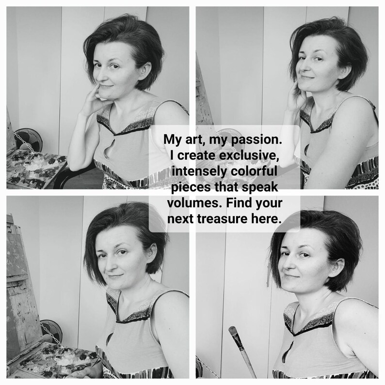 May include: A collage of four black and white photographs featuring an artist with short hair wearing a sleeveless top. The text overlay reads: My art, my passion. I create exclusive, intensely colourful pieces that speak volumes. Find your next treasure here.