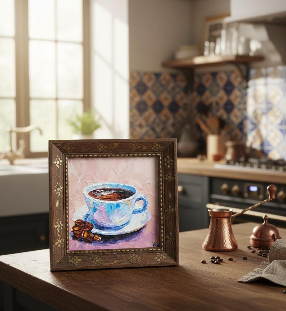 コーヒーカップの油絵オリジナルアートインパストキッチン静物画朝食
