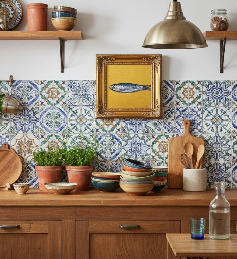 May include: A kitchen scene with a wooden countertop and cabinets. There are terracotta pots with plants, a framed fish painting, and a stack of colorful bowls. A cutting board and utensils are also visible.