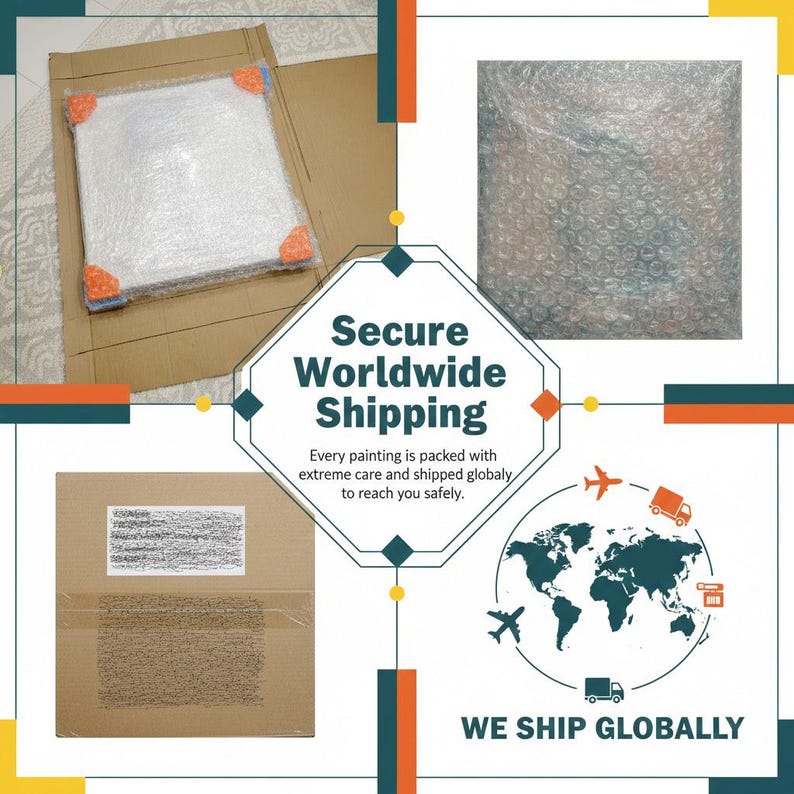 May include: A square painting wrapped in clear bubble wrap with orange corner protectors inside a cardboard box, alongside a sealed bubble-wrapped package, a brown shipping box with a white label, and a world map graphic with transport icons.