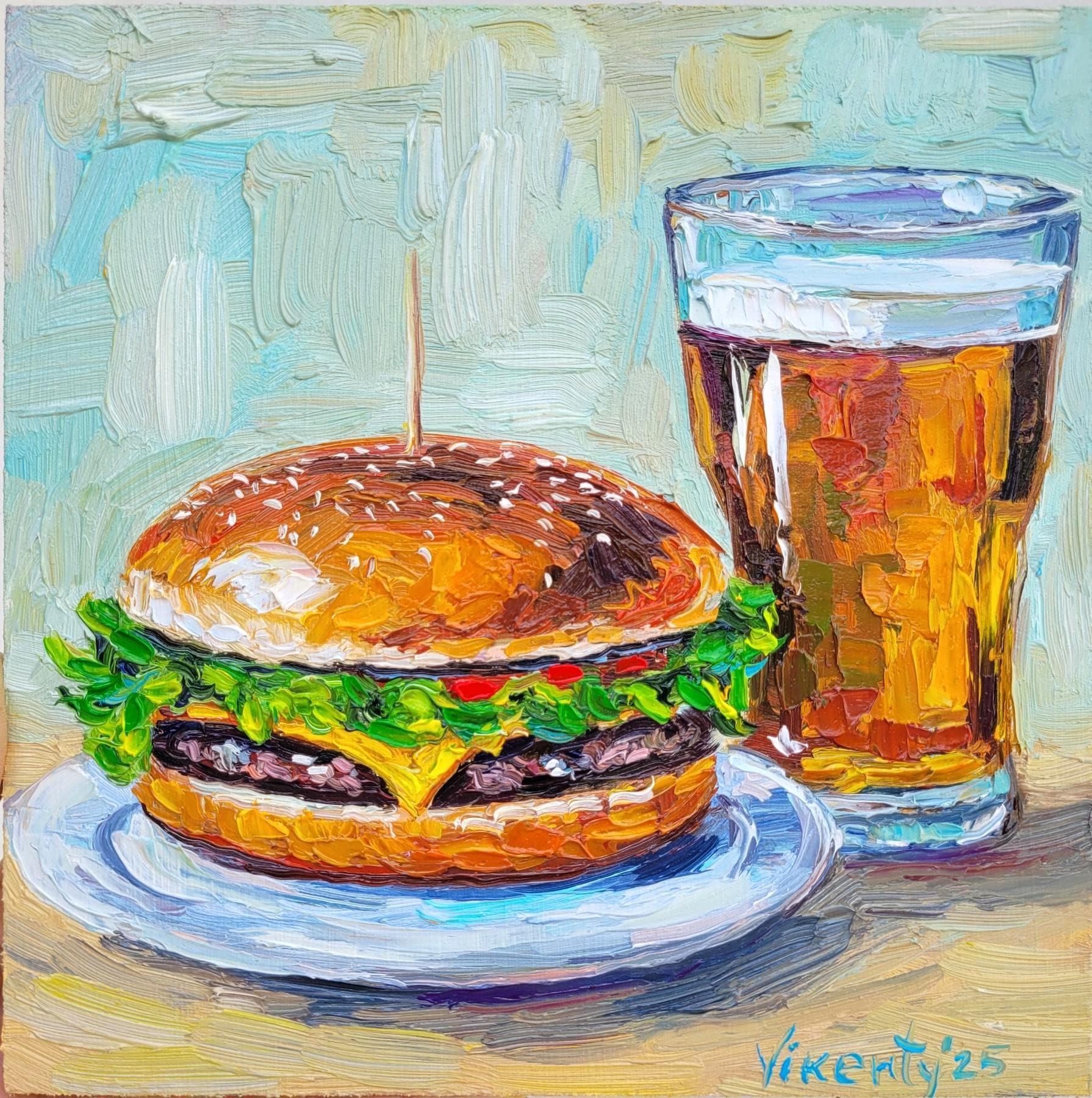 ハンバーガーとビールの油絵オリジナルアートファーストフード