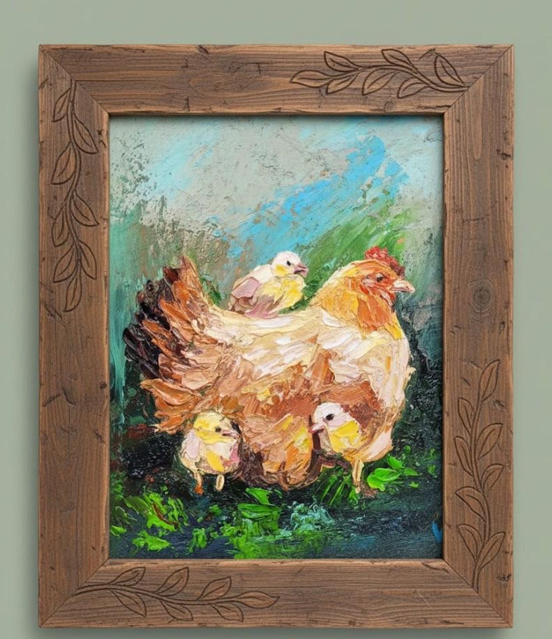 Rustic Chick Chicken and Chicks Oil Painting Original Art Rustic Farmhouse Hen and ...